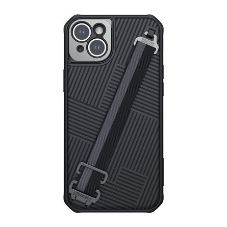 Nillkin iPhone 14 Plus NILLKIN STRAP műanyag telefonvédő ütésállóság, csíkos + kézpánt, FEKETE