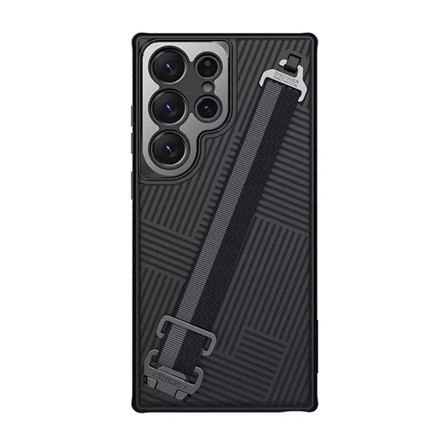 Nillkin Samsung S23 Ultra NILLKIN STRAP műanyag telefonvédő ütésállóság, csíkos + kézpánt, FEKETE