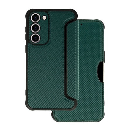 Gigapack Samsung A14 4G Gigapack Tok álló, bőr hatású FLIP, karbon minta, SÖTÉTZÖLD