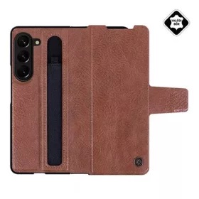   Nillkin Samsung Z Fold5 5G NILLKIN AOGE műanyag telefonvédő valódi bőr hátlap, ceruza tartó, BARNA