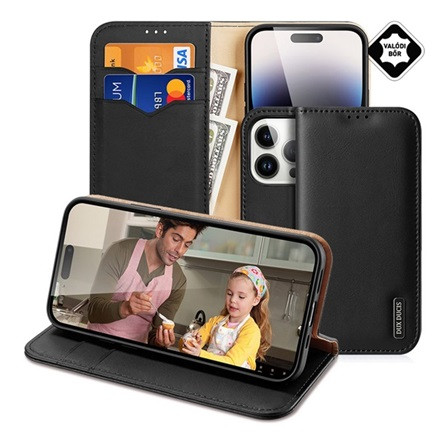 Dux Ducis iPhone 15 Pro DUX DUCIS HIVO tok álló, valódi bőr FLIP, RFID, FEKETE