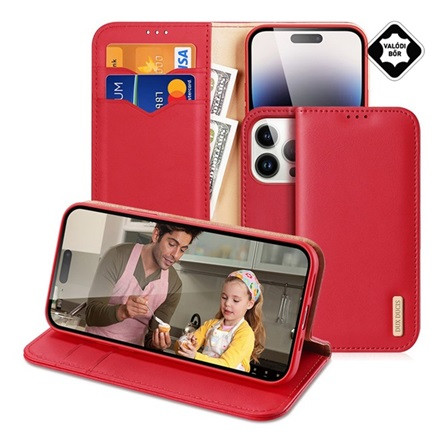 Dux Ducis iPhone 15 Pro Max DUX DUCIS HIVO tok álló, valódi bőr FLIP, RFID, PIROS