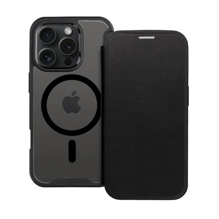 Gigapack iPhone 16 Plus 5G Gigapack Tok álló, bőr hatású FLIP, MagSafe, FEKETE