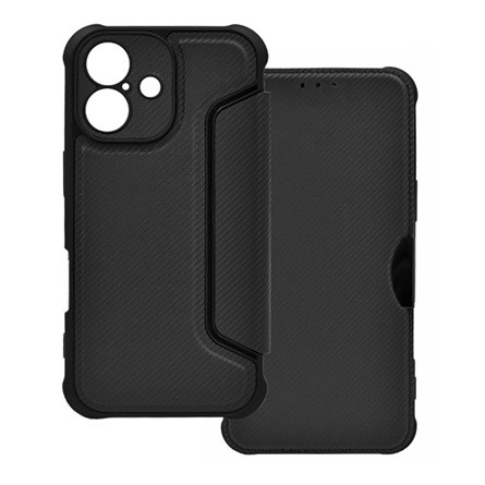 Gigapack iPhone 16 Plus 5G Gigapack Tok álló, bőr hatású FLIP, karbon minta, FEKETE