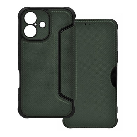 Gigapack iPhone 16 5G Gigapack Tok álló, bőr hatású FLIP, karbon minta, SÖTÉTZÖLD
