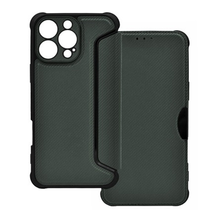 Gigapack iPhone 16 Pro Max 5G Gigapack Tok álló, bőr hatású FLIP, karbon minta, SÖTÉTZÖLD