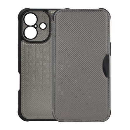 Gigapack iPhone 16 5G Gigapack Tok álló, bőr hatású FLIP, karbon minta, EZÜST