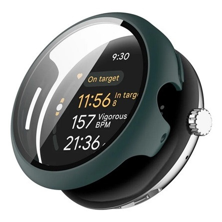 Gigapack Google Pixel Watch 3 45mm GIGAPACK Műanyag keret BUMPER, ütésállóság + kijelzővédő üveg, SÖTÉTZÖLD
