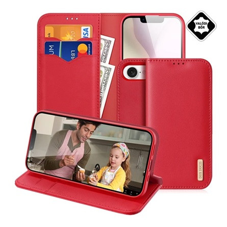 DUX DUCIS iPhone 16e DUX DUCIS HIVO tok álló, valódi bőr FLIP, RFID, PIROS