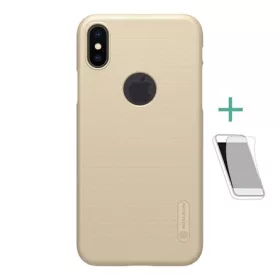   Nillkin iPhone XS 5.8 NILLKIN SUPER FROSTED műanyag telefonvédő gumírozott, logó kivágás + képernyővédő fólia, ARANY