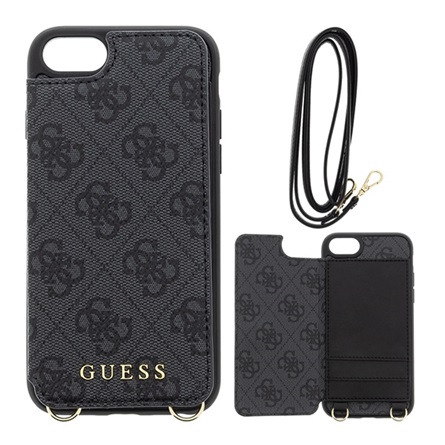 CG Mobile iPhone SE 3 (2022) GUESS 4G Crossbody műanyag telefonvédő kihajtható textil hátlap, kártyazseb + nyakpánt, SZÜRKE
