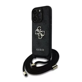   CG MOBILE iPhone 15 Pro GUESS PU 4G METAL LOGO CROSSBODY STRAP műanyag telefonvédő ütésállóság, vállpánt, FEKETE