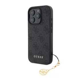   CG MOBILE iPhone 16 Pro GUESS 4G CHARMS műanyag telefonvédő textil hátlap, telefondísz, SÖTÉTSZÜRKE