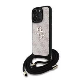   CG MOBILE iPhone 16 Pro GUESS PU 4G METAL LOGO CROSSBODY STRAP műanyag telefonvédő ütésállóság, vállpánt, RÓZSASZÍN