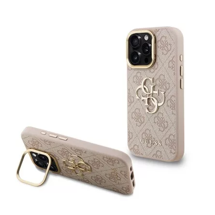 CG MOBILE iPhone 16 Pro GUESS 4G METAL LOGO STAND műanyag telefonvédő ütésállóság, kitámasztó, RÓZSASZÍN