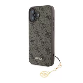   CG MOBILE iPhone 16 GUESS 4G CHARMS műanyag telefonvédő textil hátlap, telefondísz, BARNA