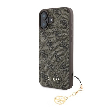 CG MOBILE iPhone 16 GUESS 4G CHARMS műanyag telefonvédő textil hátlap, telefondísz, BARNA