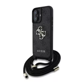   CG MOBILE iPhone 16 GUESS PU 4G METAL LOGO CROSSBODY STRAP műanyag telefonvédő ütésállóság, bőr hatású hátlap + vállpánt, FEKETE