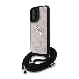   CG MOBILE iPhone 16 GUESS PU 4G METAL LOGO CROSSBODY STRAP műanyag telefonvédő ütésállóság, bőr hatású hátla + vállpánt, RÓZSASZÍN