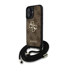   CG MOBILE iPhone 16 GUESS PU 4G METAL LOGO CROSSBODY STRAP műanyag telefonvédő ütésállóság, bőr hatású hátlap + vállpánt, BARNA