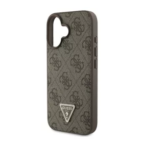   CG MOBILE iPhone 16 GUESS PU 4G STRASS TRIANGLE METAL LOGO műanyag telefonvédő ütésállóság, bőr hatású hátlap, BARNA