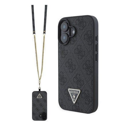 CG Mobile GUESS LEATHER METAL LOGO STRASS CROSSBODY szilikon telefonvédő (ütésállóság, bőr hatású hátlap + vállpánt) FEKETE
