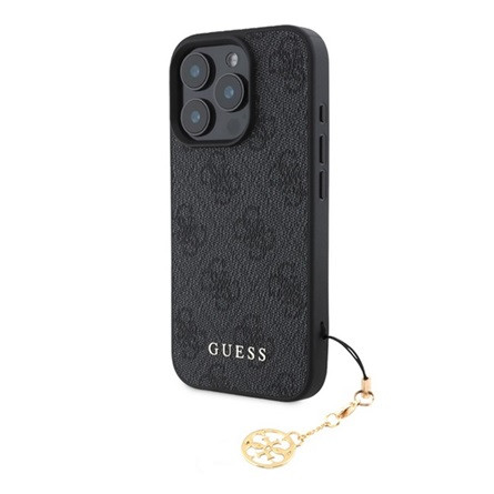 CG MOBILE iPhone 16 Pro Max GUESS 4G CHARMS műanyag telefonvédő textil hátlap, telefondísz, SÖTÉTSZÜRKE