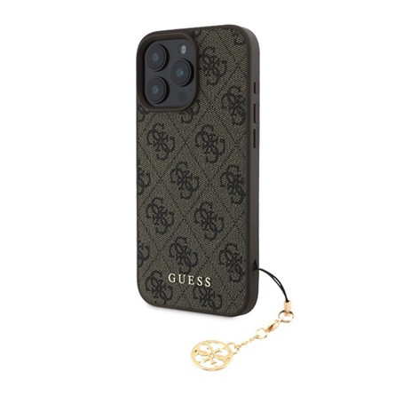 CG MOBILE iPhone 16 Pro Max GUESS 4G CHARMS műanyag telefonvédő textil hátlap, telefondísz, BARNA