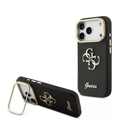 CG MOBILE iPhone 17 Pro GUESS GRAINED BIG 4G & STAND CAMERA szilikon telefonvédő műanyag hátlap, kitámasztó, FEKETE