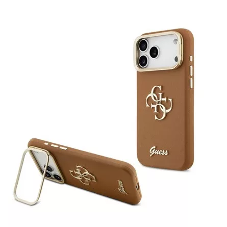 CG MOBILE iPhone 17 Pro GUESS GRAINED BIG 4G & STAND CAMERA szilikon telefonvédő műanyag hátlap, kitámasztó, BARNA