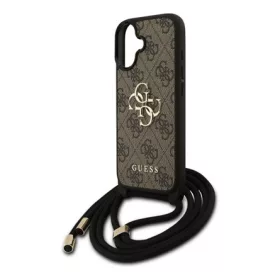   CG MOBILE iPhone 17 GUESS 4G BIG LOGO CORD STAP CROSSBODY műanyag telefonvédő ütésállóság, bőr hatású hátlap + vállpánt, BARNA