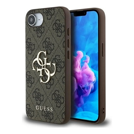 CG MOBILE iPhone 16e GUESS PU 4G METAL LOGO CASE műanyag telefonvédő ütésállóság, bőr hatású hátlap, BARNA