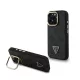 CG MOBILE iPhone 15 Pro GUESS PU 4G STRASS TRIANGLE LOGO STAND műanyag telefonvédő ütésállóság, kitámasztó, FEKETE