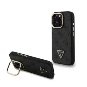   CG MOBILE iPhone 16 Pro GUESS PU 4G STRASS TRIANGLE LOGO STAND műanyag telefonvédő ütésállóság, kitámasztó, FEKETE