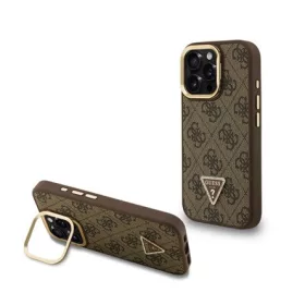   CG MOBILE iPhone 16 Pro GUESS PU 4G STRASS TRIANGLE LOGO STAND műanyag telefonvédő ütésállóság, kitámasztó, BARNA