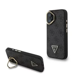   CG MOBILE iPhone 16 GUESS PU 4G STRASS TRIANGLE LOGO STAND műanyag telefonvédő ütésállóság, kitámasztó, FEKETE