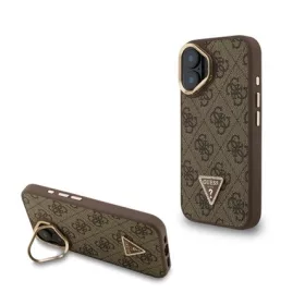   CG MOBILE iPhone 16 GUESS PU 4G STRASS TRIANGLE LOGO STAND műanyag telefonvédő ütésállóság, kitámasztó, BARNA
