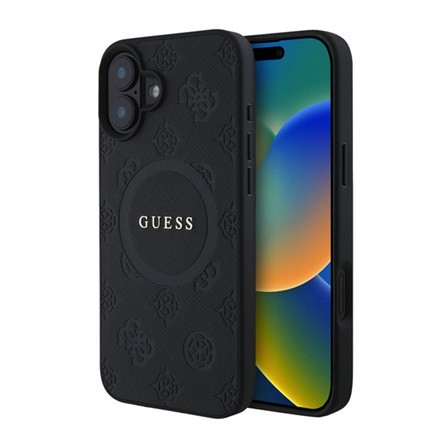 CG Mobile iPhone 16 5G GUESS SAFFIANO PEONY CLASSIC LOGO szilikon telefonvédő ütésállóság, MagSafe, FEKETE