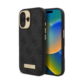   CG Mobile iPhone 16 5G GUESS 4G LOGO PLATE szilikon telefonvédő textil hátlap, MagSafe, FEKETE