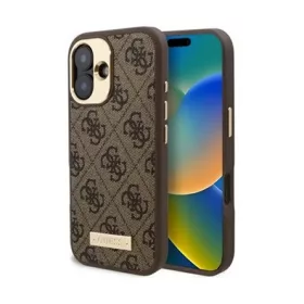   CG Mobile iPhone 16 5G GUESS 4G LOGO PLATE szilikon telefonvédő textil hátlap, MagSafe, BARNA