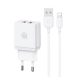 USAMS HC hálózati töltő 2 USB aljzat 18W, gyorstöltő + lightning kábel, FEHÉR