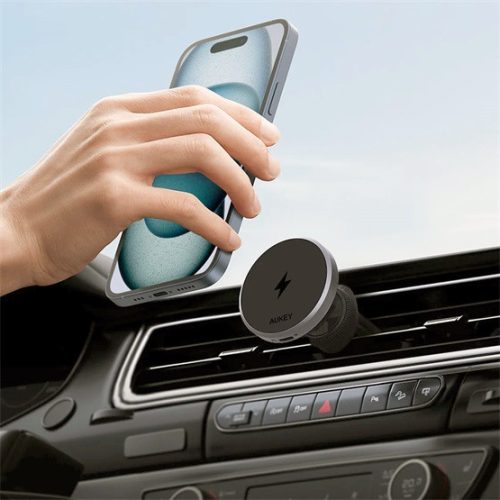 Aukey MagFusion Dash Pro Qi2 aktív hűtésű szellőzőrácsra rögzíthető, vezeték nélküli autós telefon töltő és tartó