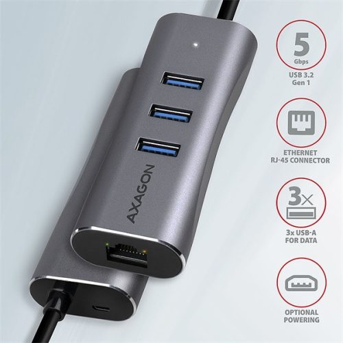 AXAGON HMA-GL3AP 3 portos USB 3.2 HUB LAN csatlakozóval, ezüst