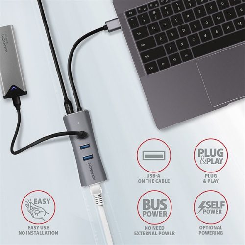 AXAGON HMA-GL3AP 3 portos USB 3.2 HUB LAN csatlakozóval, ezüst