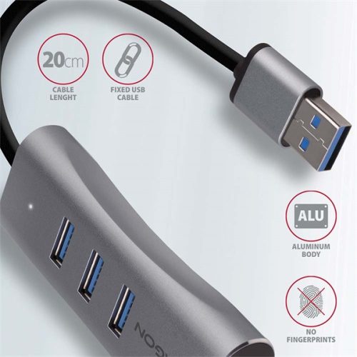 AXAGON HMA-GL3AP 3 portos USB 3.2 HUB LAN csatlakozóval, ezüst