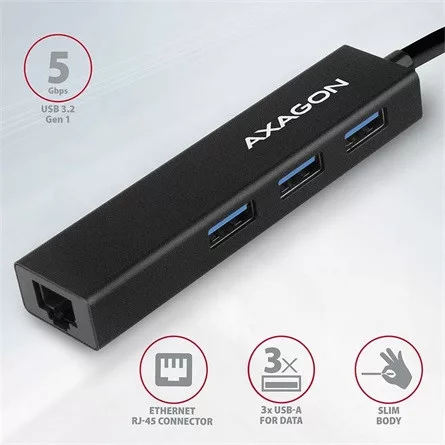 Axagon HMA-GL3A 3-portos USB3.0 RJ45 hub fekete