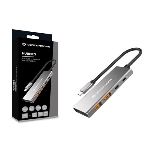 Conceptronic USB Hub - HUBBIES15G (4 Port, USB-C to 2x USB-C+2x USB-A, szürke)