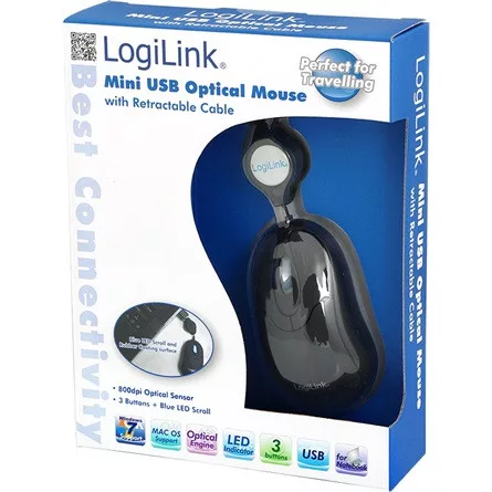 LogiLink Mini  USB optikai notebook egér visszahúzható kábellel, fekete