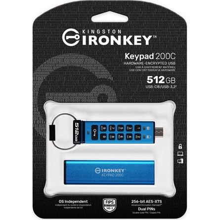 Kingston 512GB IronKey Keypad 200, FIPS 140-3 Lvl 3 (Pending) AES-256 Encrypted