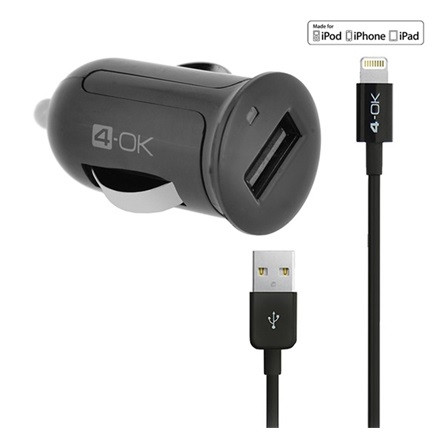 Blautel 4-OK autós töltő USB aljzat 12W, IPCMB5 utód + lightning kábel, FEKETE